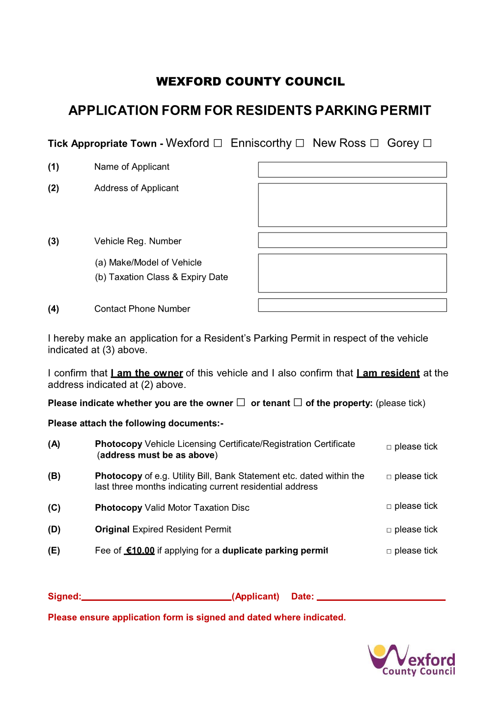Application Form for Residents Parking Permit