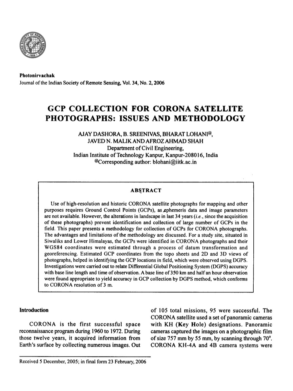 Gcp Collection for Corona Satellite Photographs: Issues and Methodology