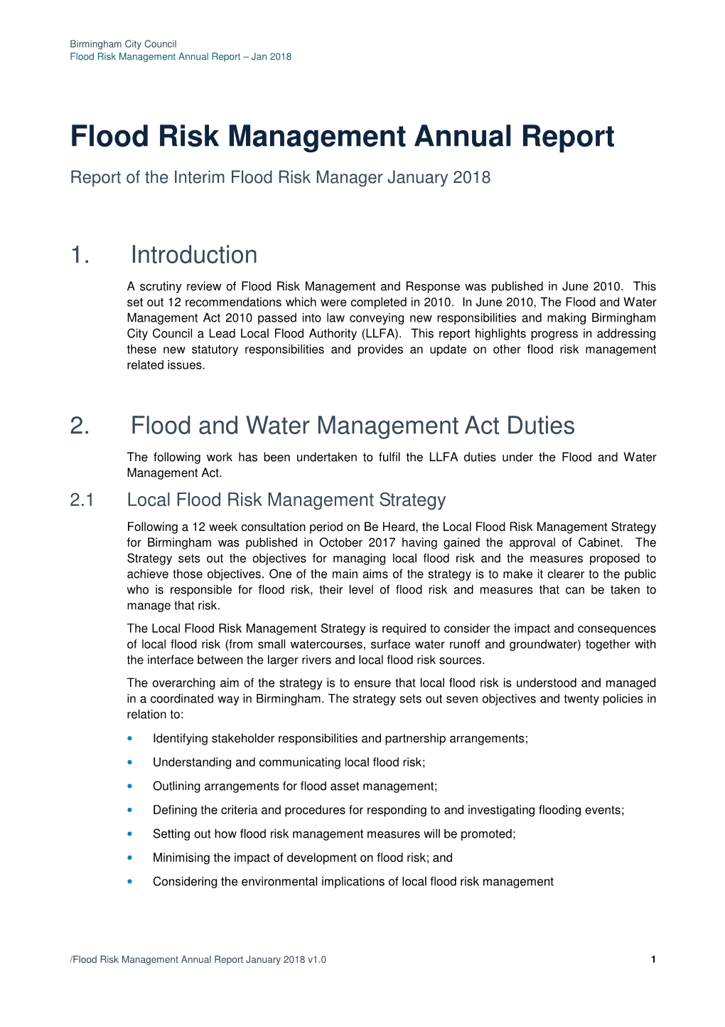 Flood Risk Management Annual Report – Jan 2018