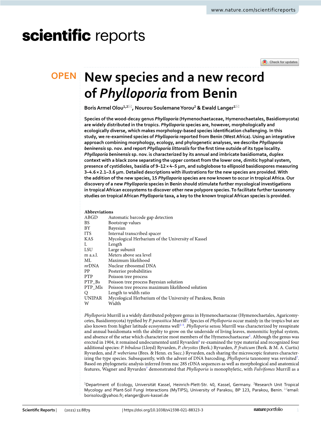 New Species and a New Record of Phylloporia from Benin Boris Armel Olou1,2*, Nourou Soulemane Yorou2 & Ewald Langer1*