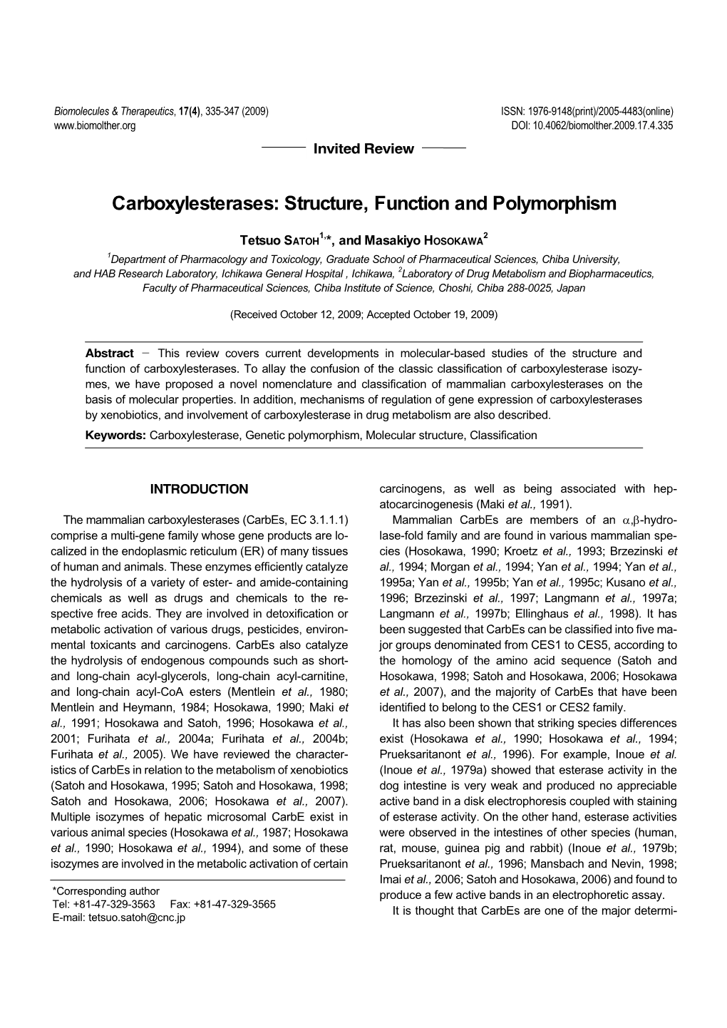 Carboxylesterases: Structure, Function and Polymorphism