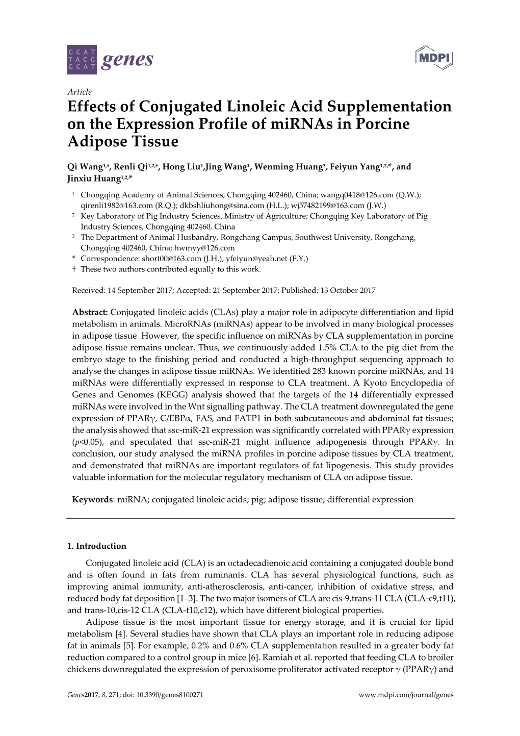 Effects of Conjugated Linoleic Acid Supplementation on the Expression Profile of Mirnas in Porcine Adipose Tissue