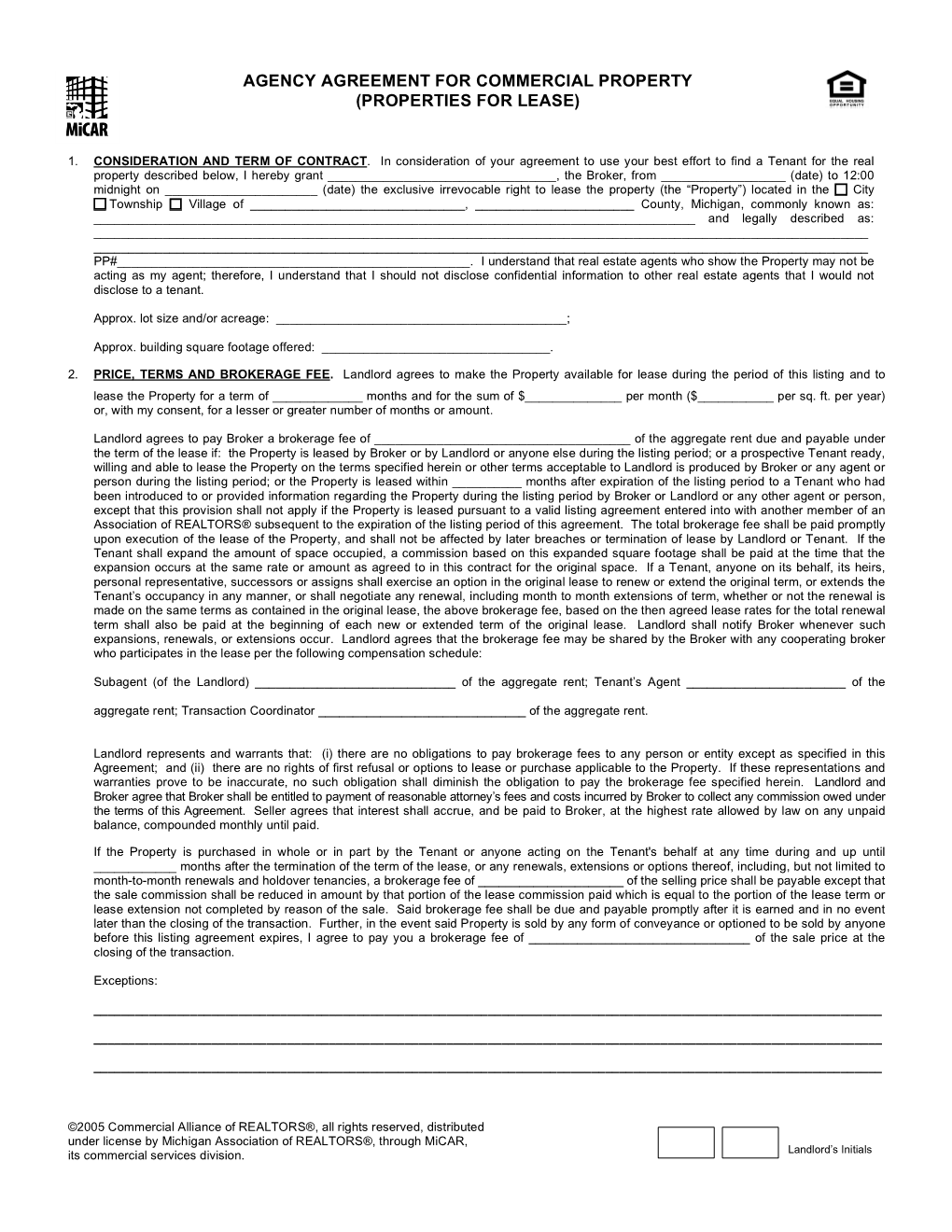 Agency Agreement for Commercial Property (Properties for Lease)