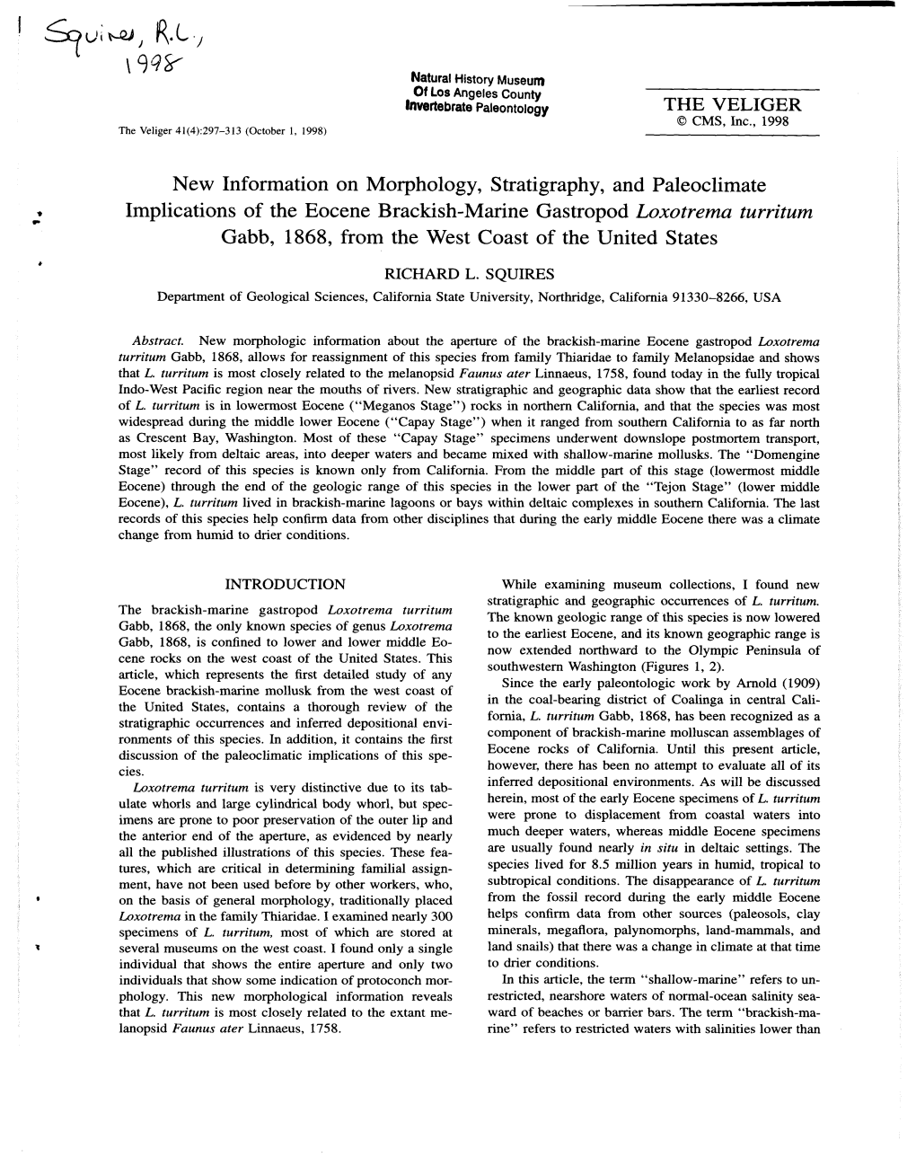 New Information on Morphology, Stratigraphy, and Paleoclimate Implications of the Eocene Brackish-Marine Gastropod Loxotrema