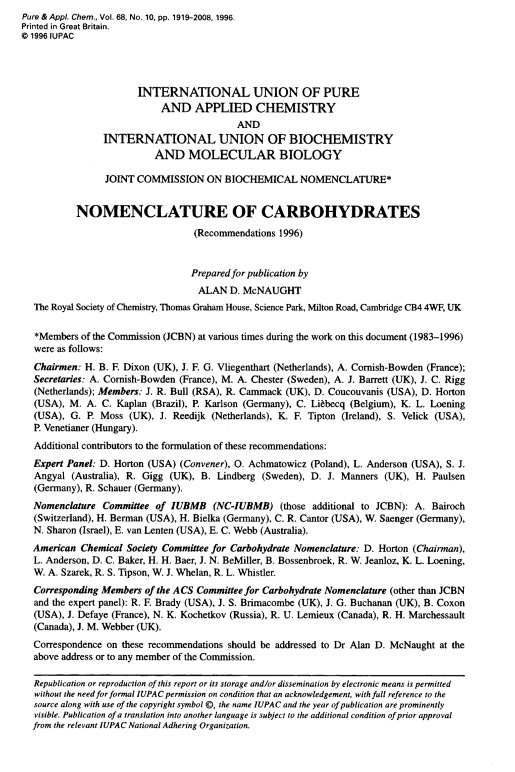 NOMENCLATURE of CARBOHYDRATES (Recommendations 1996)