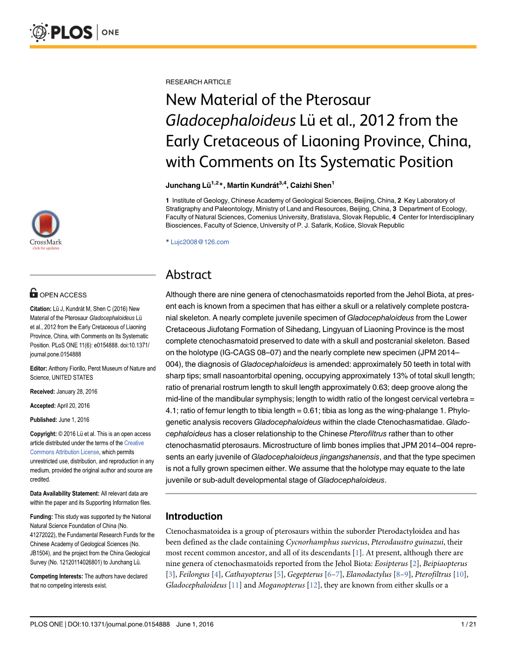 New Material of the Pterosaur Gladocephaloideus Lü Et Al., 2012 from the Early Cretaceous of Liaoning Province, China, with Comments on Its Systematic Position