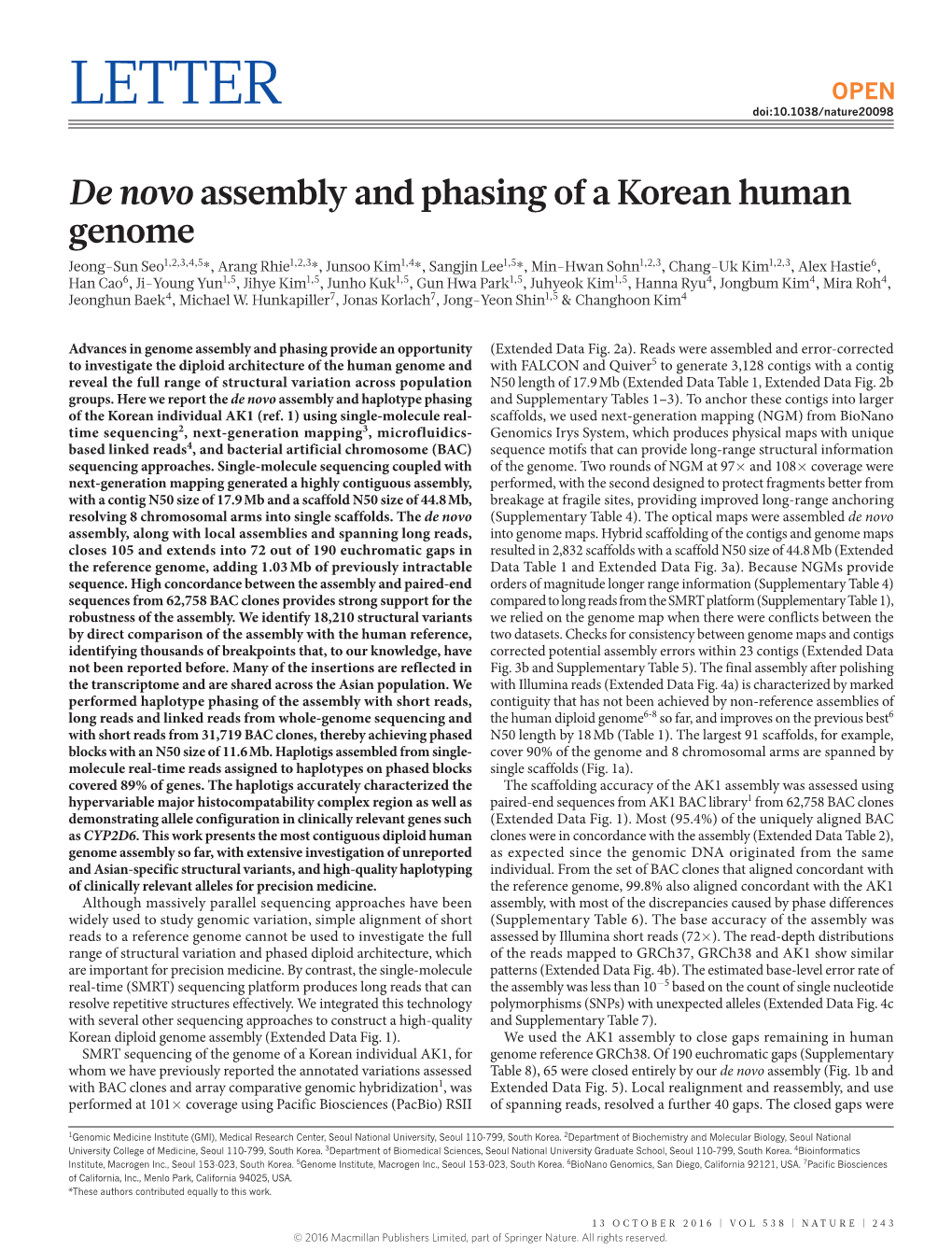 De Novo Assembly and Phasing of a Korean Human Genome