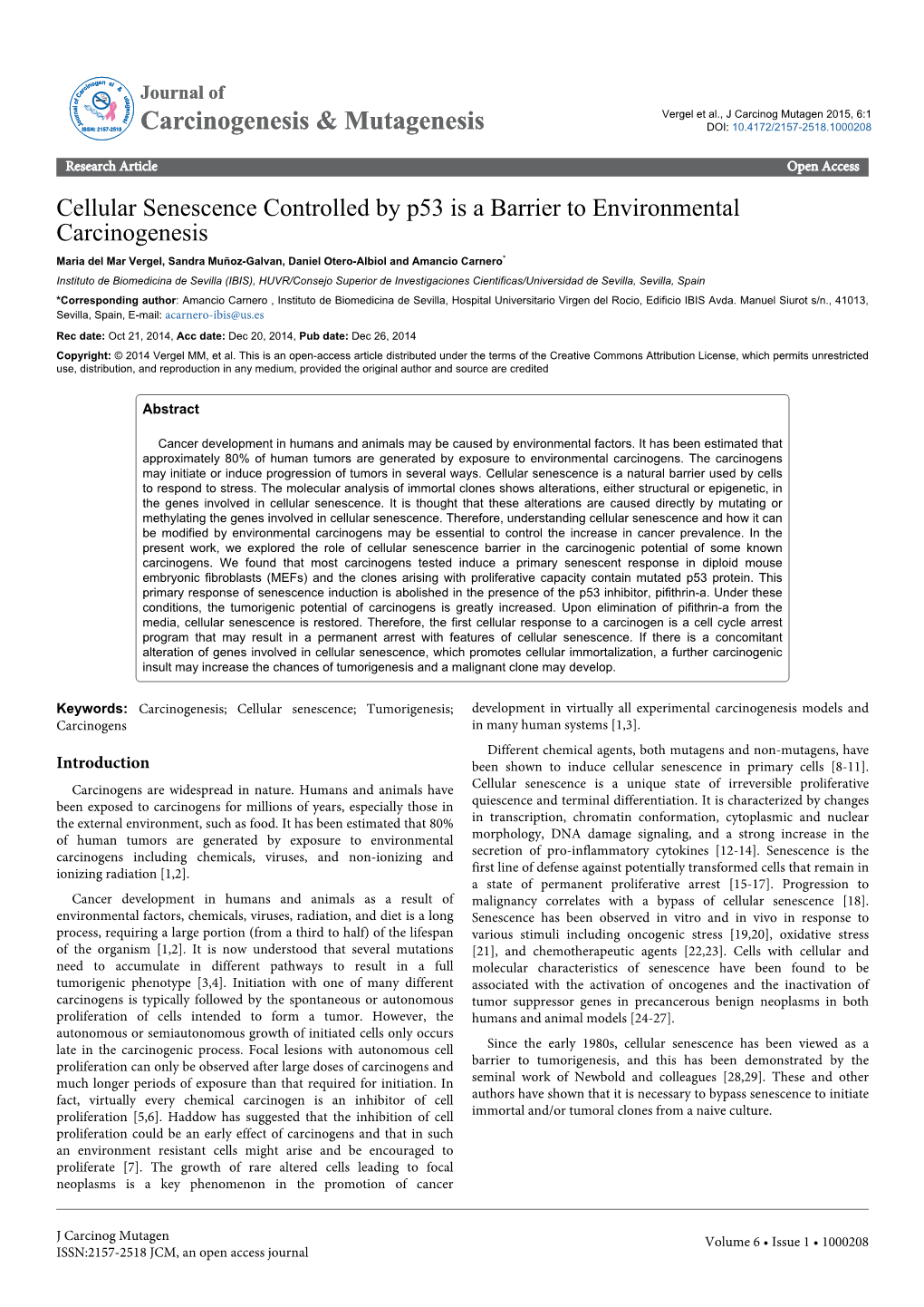 Cellular Senescence Controlled by P53 Is a Barrier to Environmental Carcinogenesis