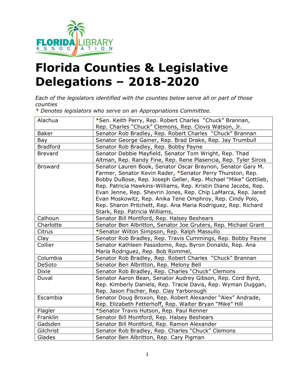 Florida Counties & Legislative Delegations – 2018-2020