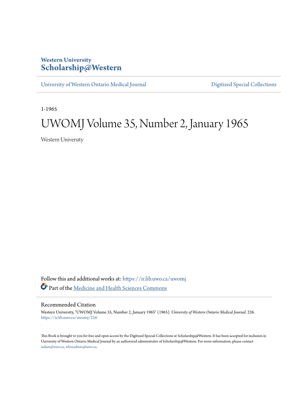 UWOMJ Volume 35, Number 2, January 1965 Western University