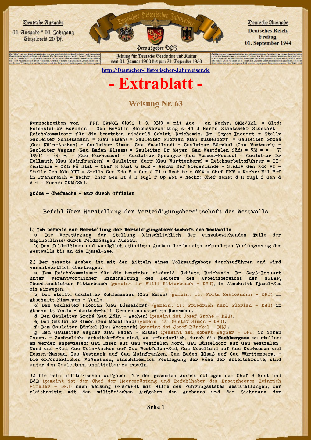 Extrablatt - Weisung Nr