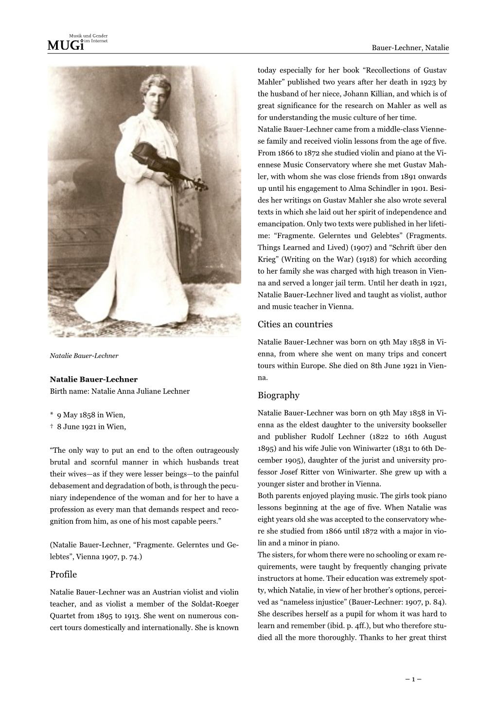 Natalie Bauer-Lechner Was Born on 9Th May 1858 in Vi- Natalie Bauer-Lechner Enna, from Where She Went on Many Trips and Concert Tours Within Europe