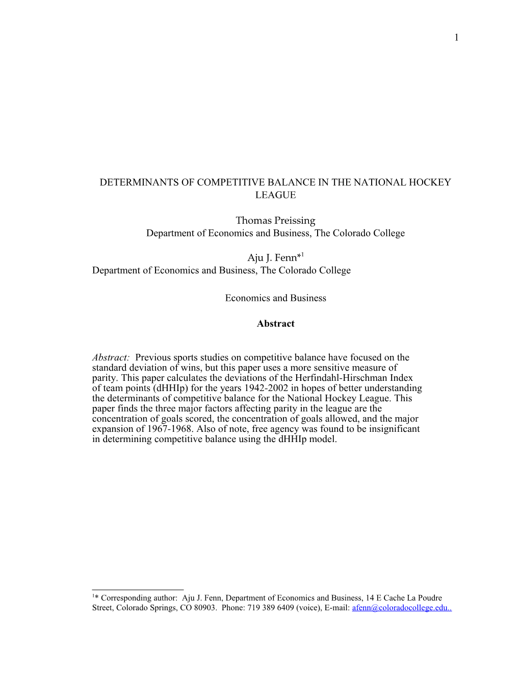 Determinants of Competitive Balance in the National Hockey League