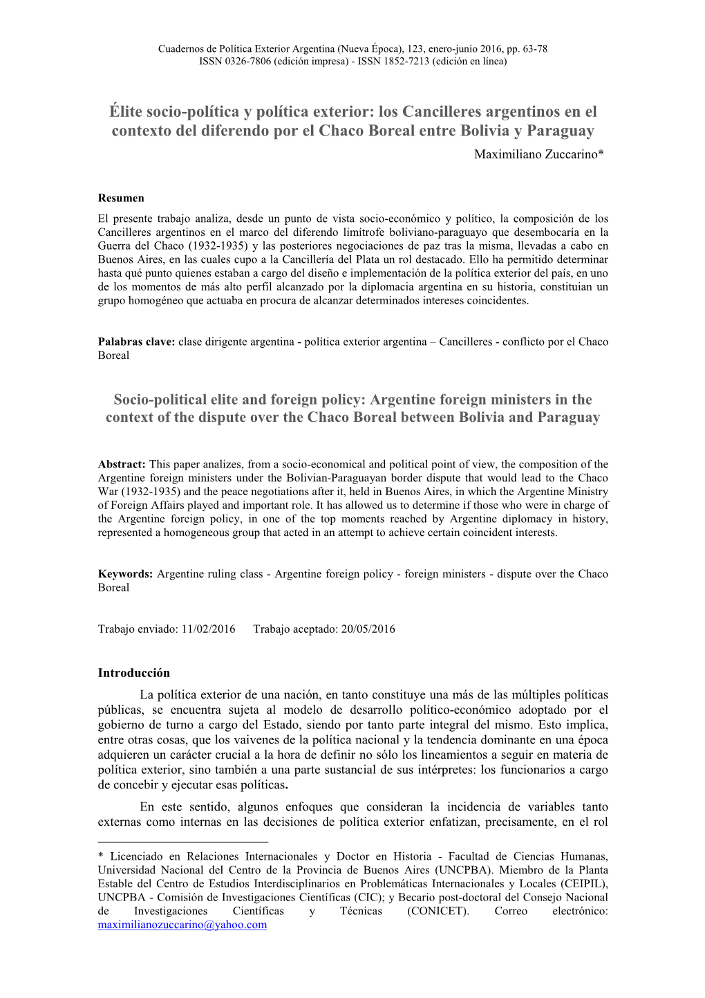 Los Cancilleres Argentinos En El Contexto Del Diferendo Por El Chaco Boreal Entre Bolivia Y Paraguay Maximiliano Zuccarino* 1