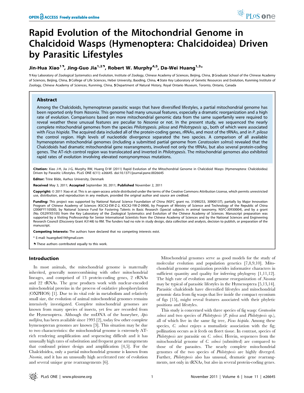 Rapid Evolution of the Mitochondrial Genome in Chalcidoid Wasps (Hymenoptera: Chalcidoidea) Driven by Parasitic Lifestyles