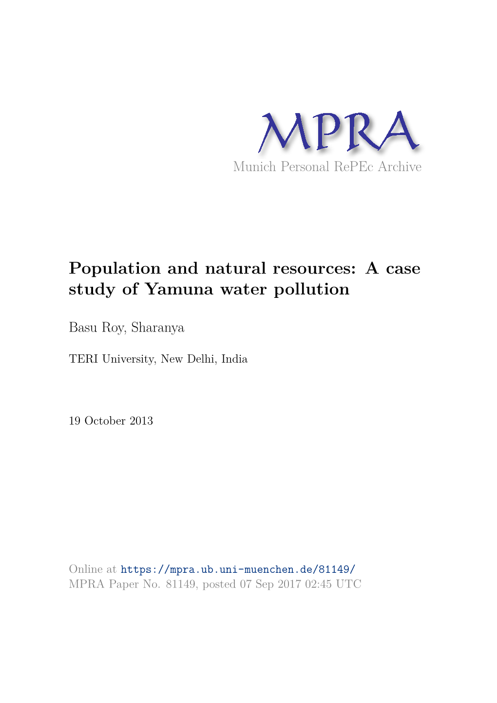 Population and Natural Resources: a Case Study of Yamuna Water Pollution