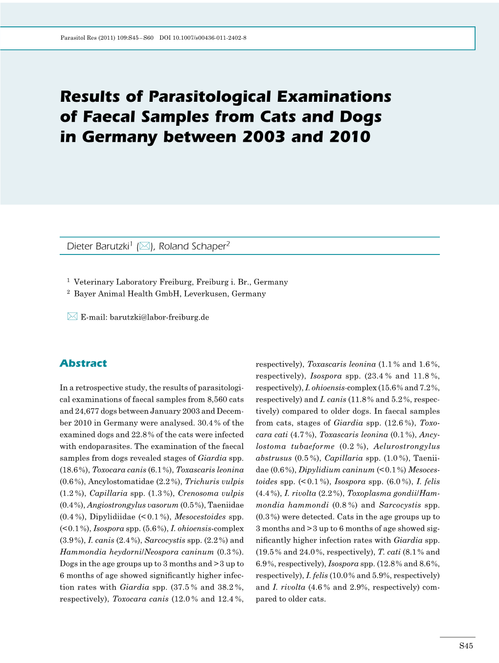 Results of Parasitological Examinations of Faecal Samples from Cats and Dogs in Germany Between 2003 and 2010