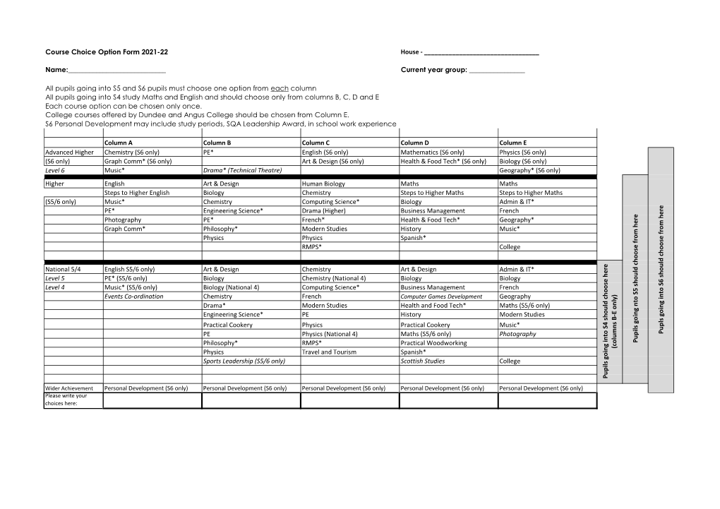 Course Choice Option Form 2021-22 House - ______