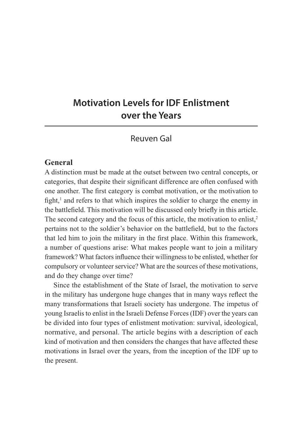 Motivation Levels for IDF Enlistment Over the Years