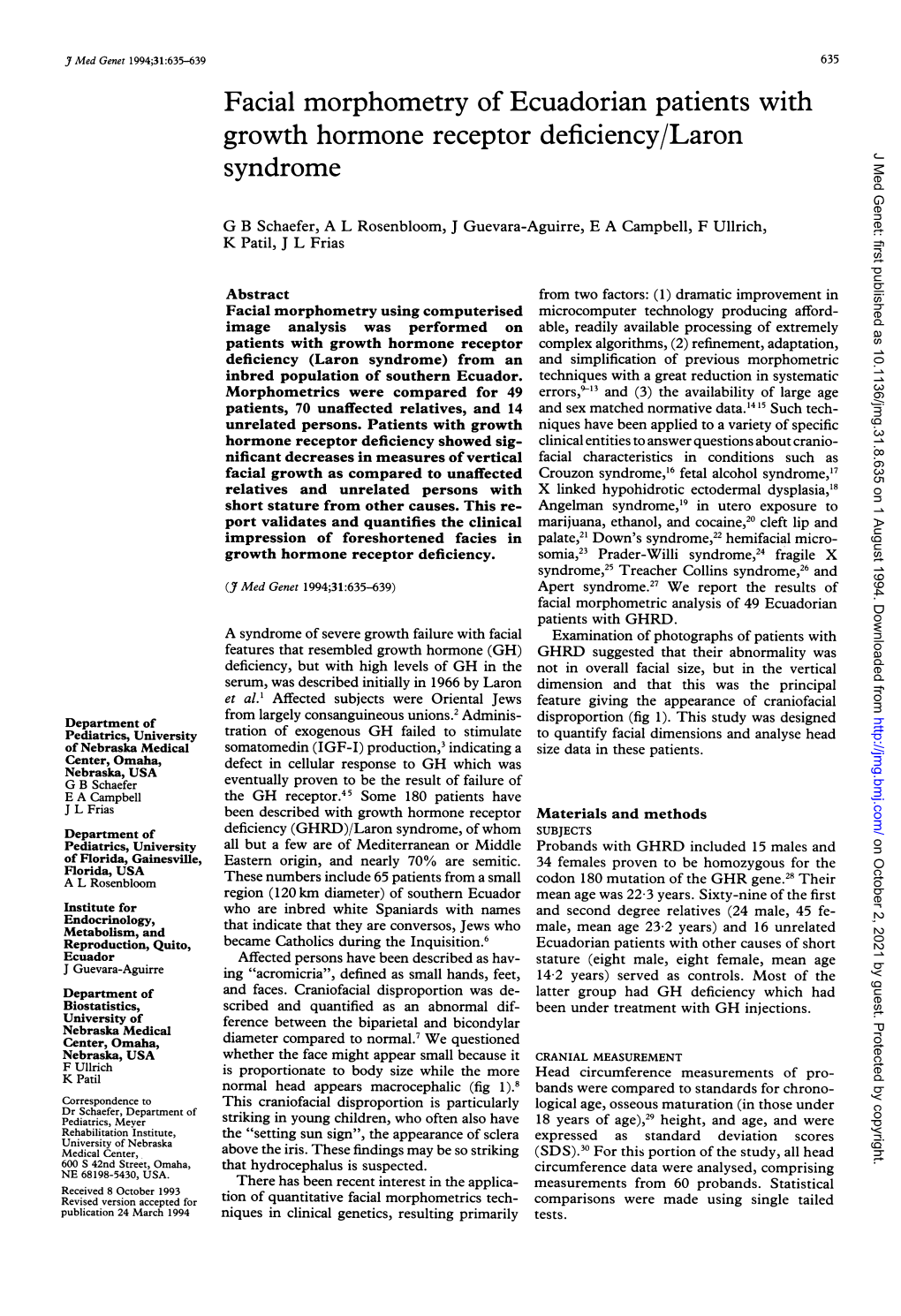 Syndrome J Med Genet: First Published As 10.1136/Jmg.31.8.635 on 1 August 1994