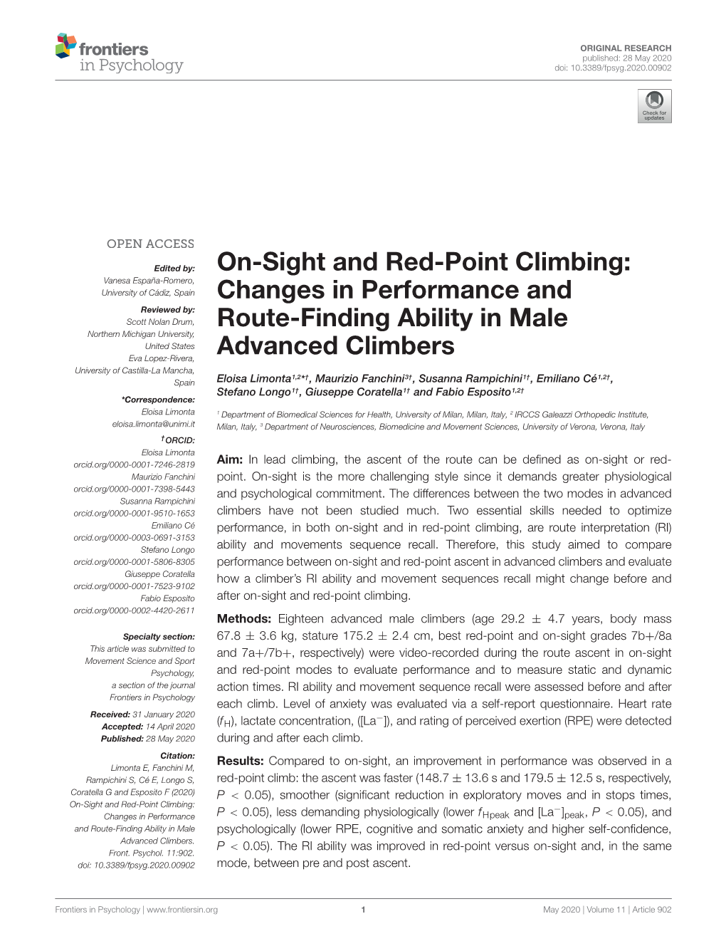 On-Sight and Red-Point Climbing: Changes in Performance And