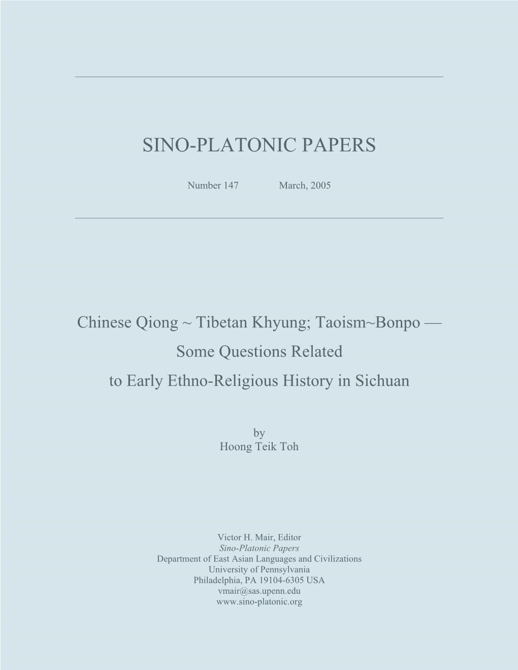 Chinese Qiong ~ Tibetan Khyung; Taoism~Bonpo -- Some Questions Related to Early Ethno-Religious History in Sichuan