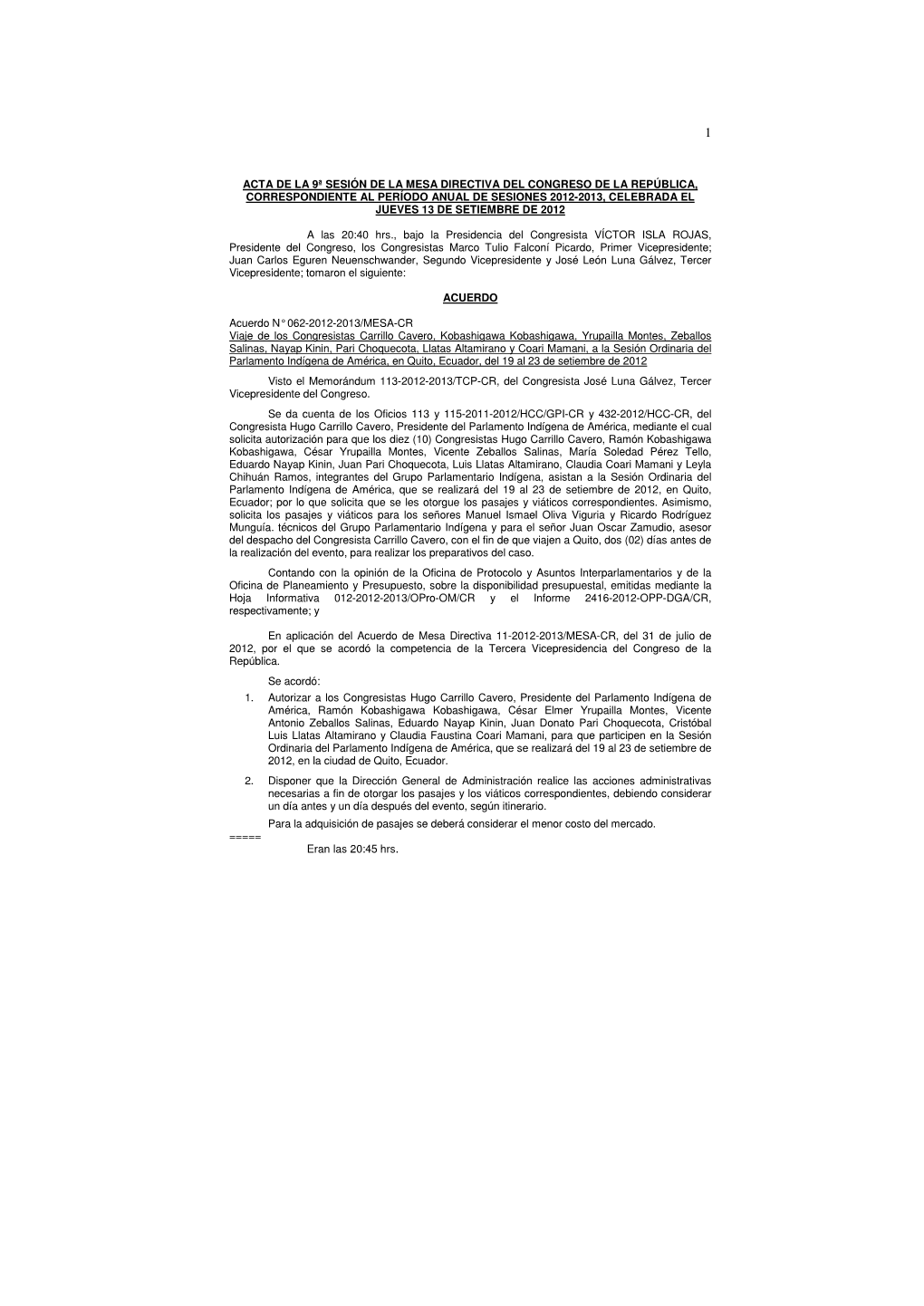 Acta De La 9ª Sesión De La Mesa Directiva Del Congreso De La República