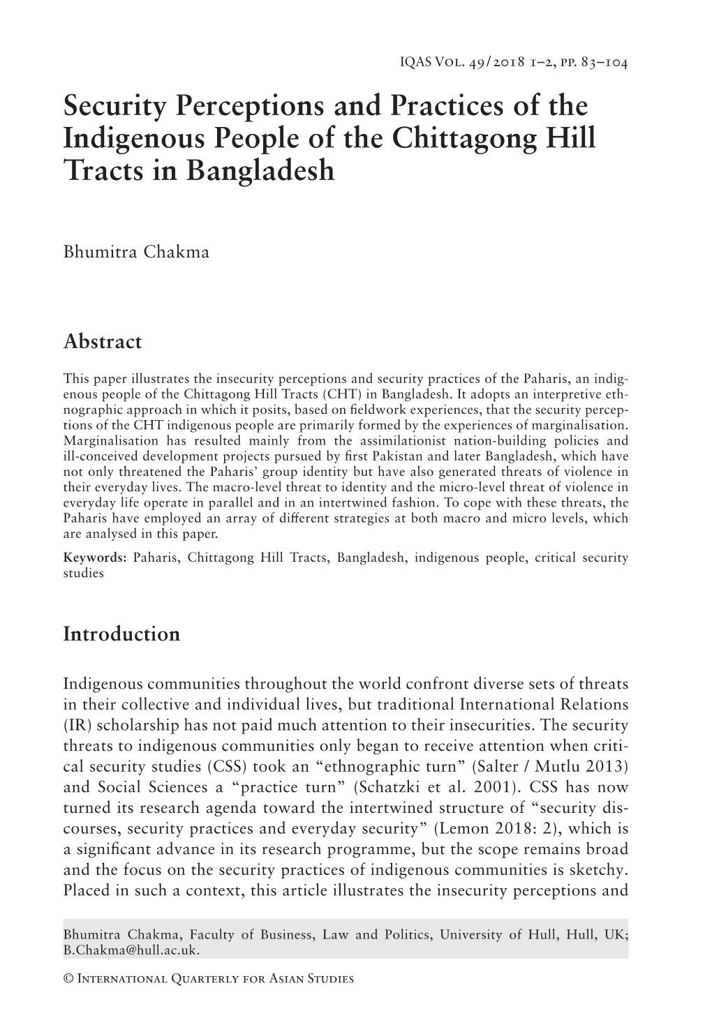 Security Perceptions and Practices of the Indigenous People of the Chittagong Hill Tracts in Bangladesh