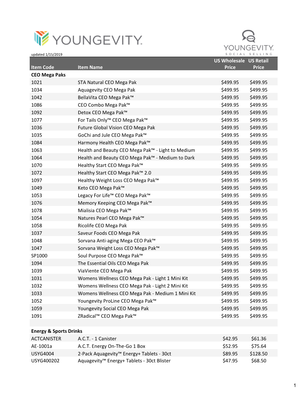 YGY Social Price List