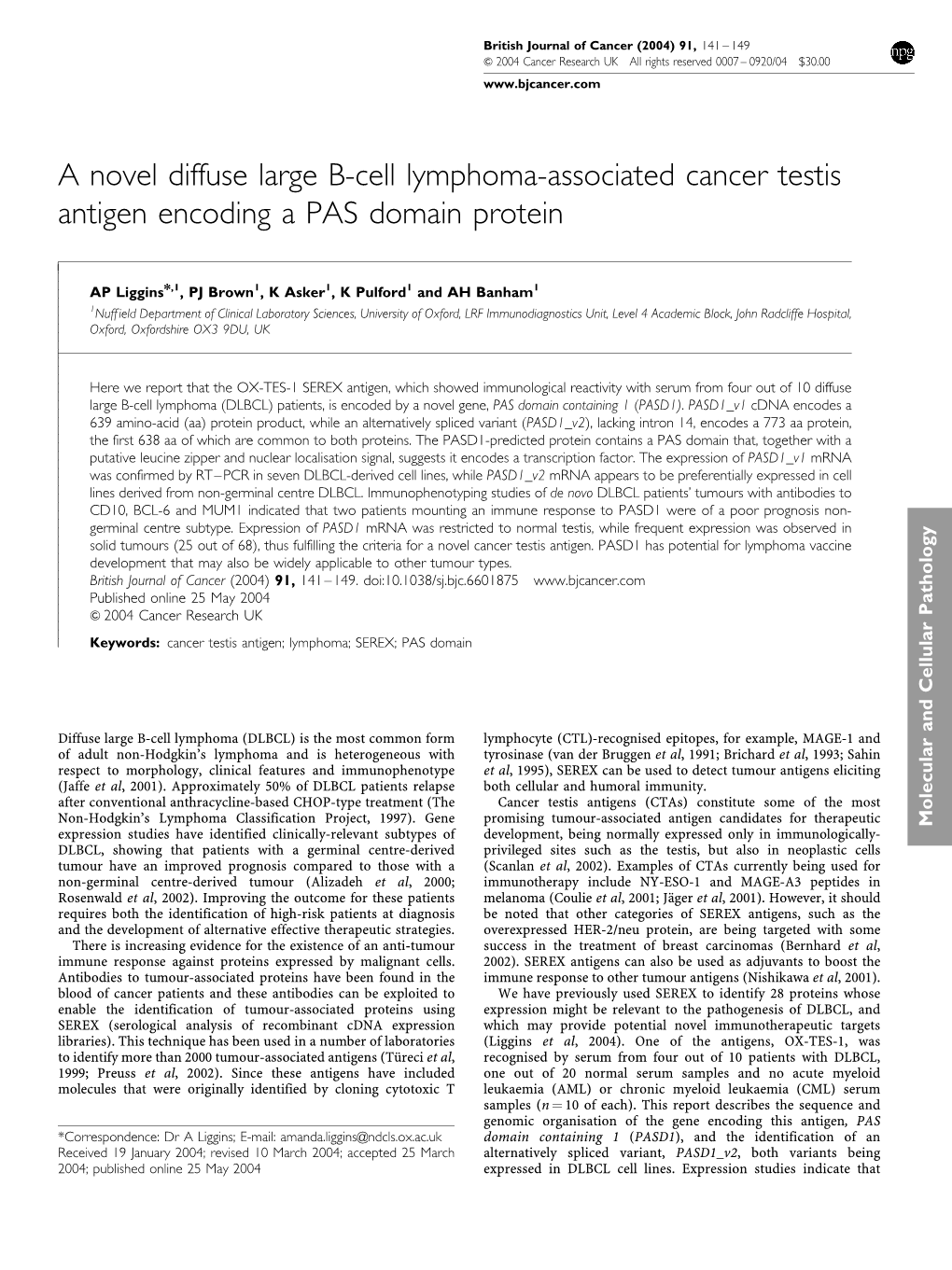 A Novel Diffuse Large B-Cell Lymphoma-Associated Cancer Testis Antigen Encoding a PAS Domain Protein