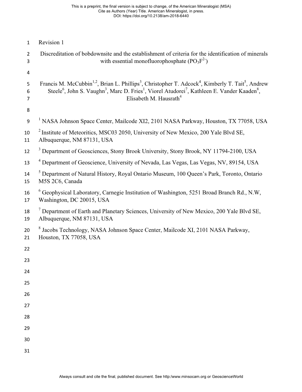 Revision 1 Discreditation of Bobdownsite and the Establishment