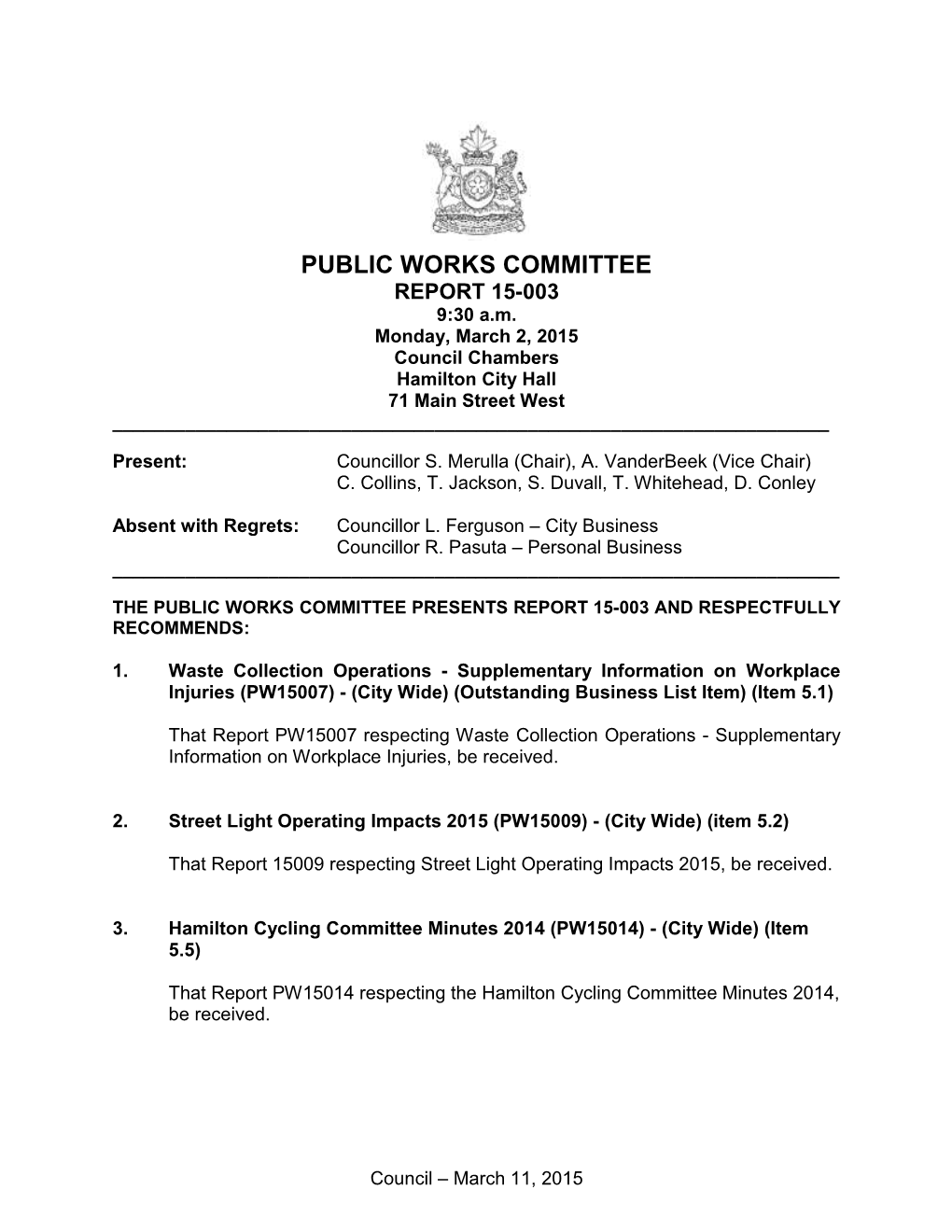 March 2, 2015 Public Works Committee Report 15-003