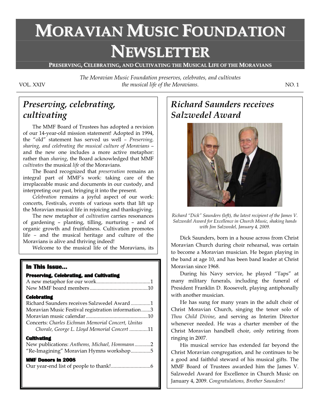 Moravian Music Foundation NEWSLETTER Spring 2009