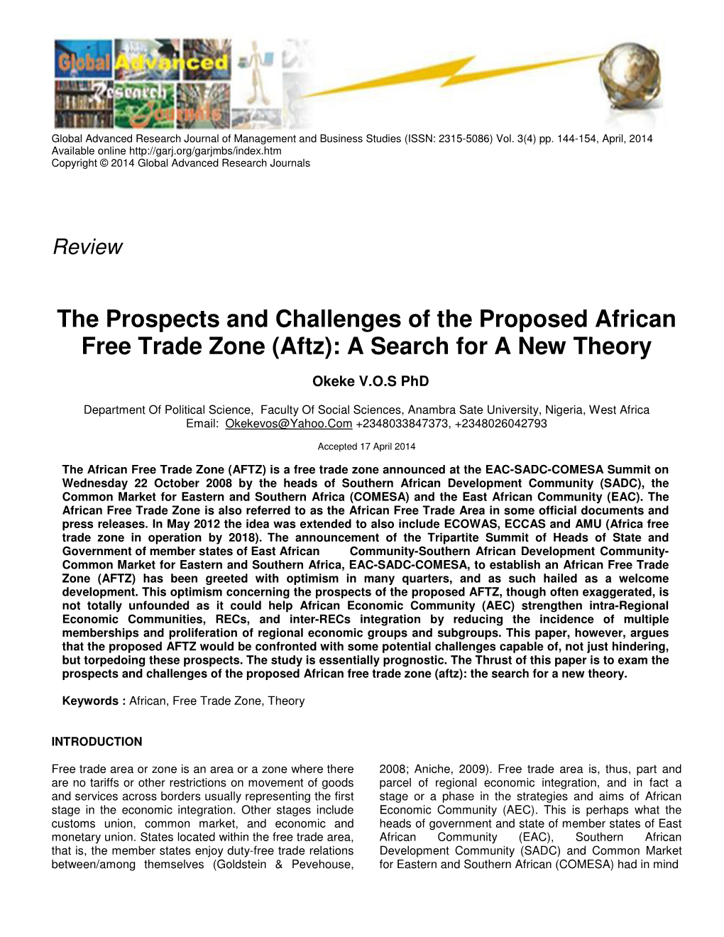 The Prospects and Challenges of the Proposed African Free Trade Zone (Aftz): a Search for a New Theory