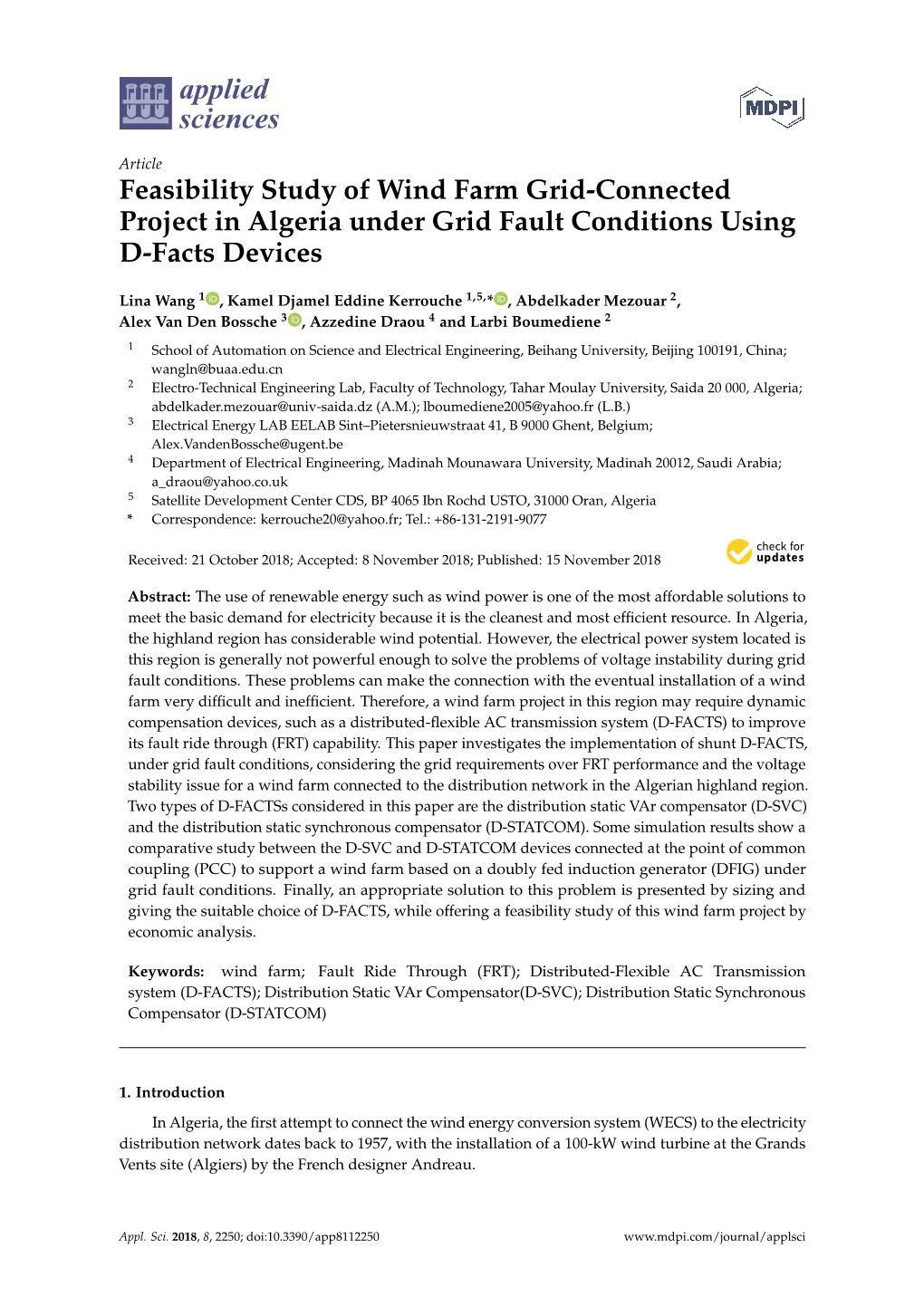 Feasibility Study of Wind Farm Grid-Connected Project in Algeria Under Grid Fault Conditions Using D-Facts Devices