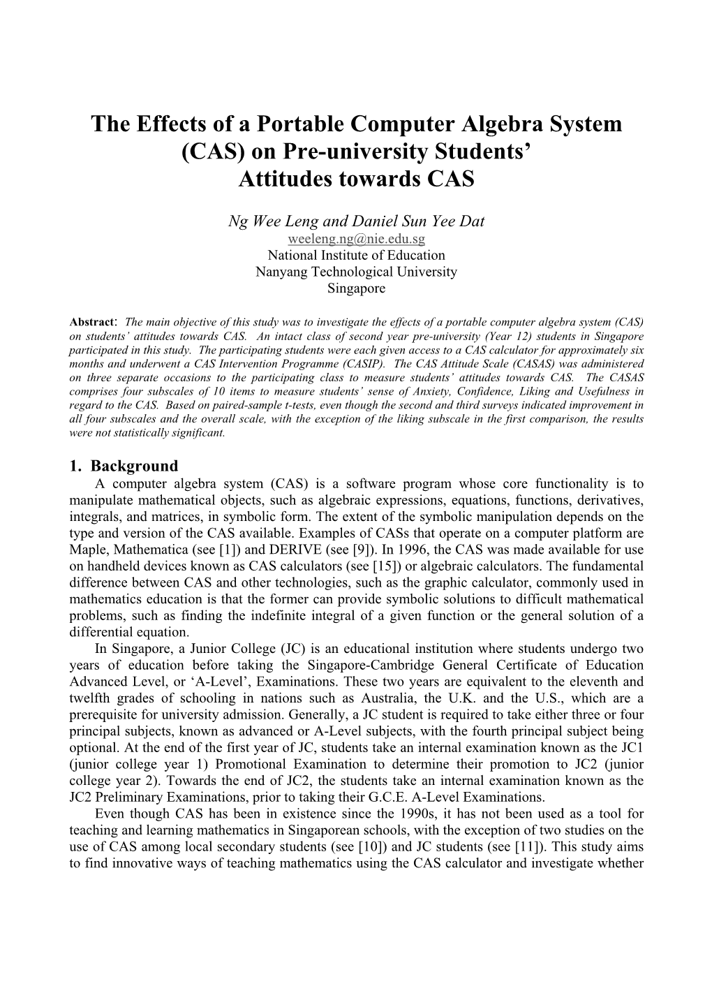 The Effects of a Portable Computer Algebra System (CAS) on Pre-University Students’ Attitudes Towards CAS
