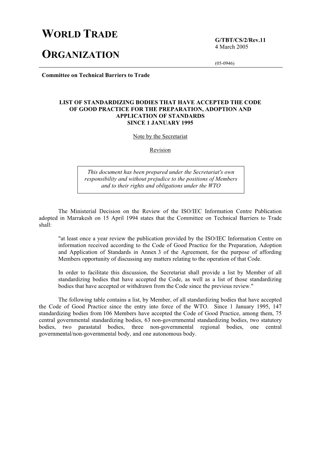 G/TBT/CS/2/Rev.11 4 March 2005 ORGANIZATION (05-0946) Committee on Technical Barriers to Trade
