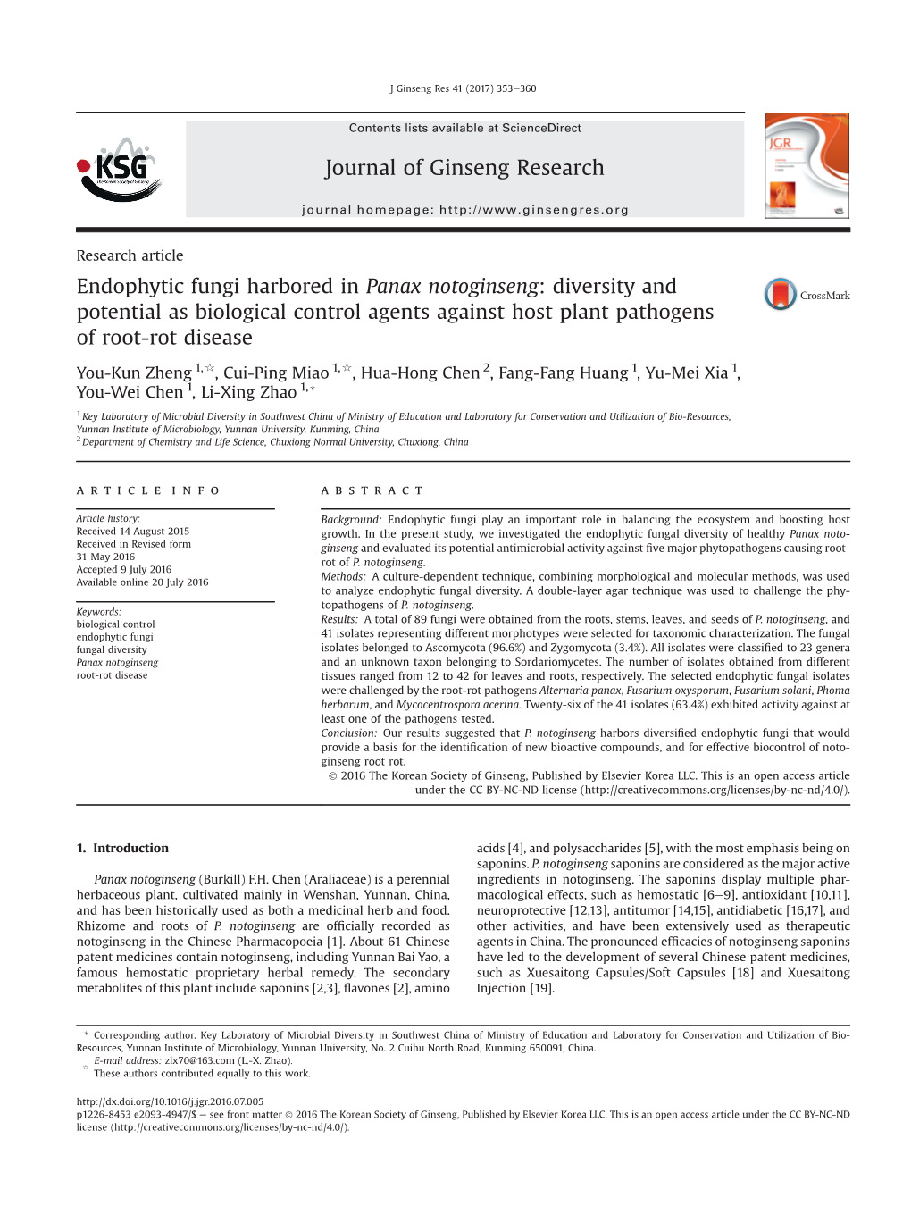 Endophytic Fungi Harbored in Panax Notoginseng: Diversity and Potential As Biological Control Agents Against Host Plant Pathogens of Root-Rot Disease