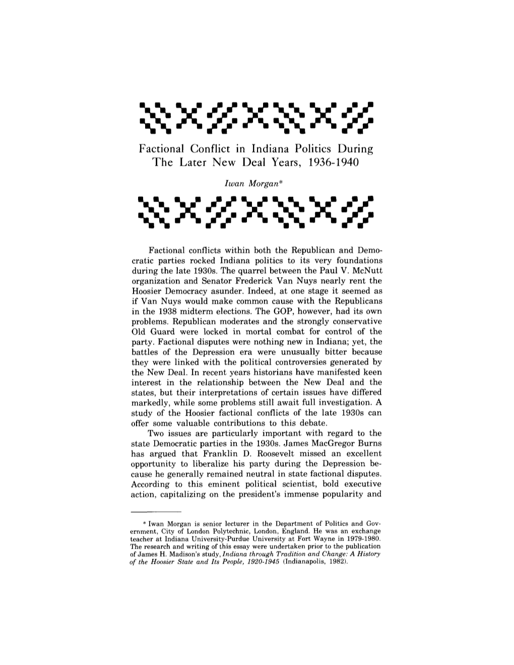 Factional Conflict in Indiana Politics During the Later New Deal Years, 1936-1940