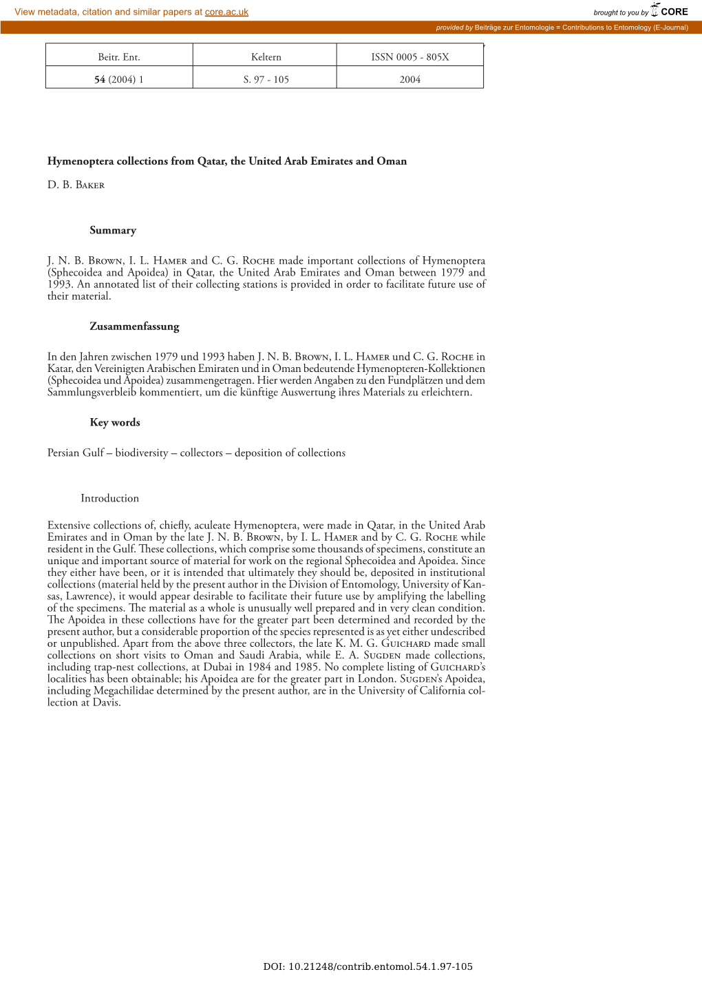 Hymenoptera Collections from Qatar, the United Arab Emirates and Oman D. B. Baker Summary J. N. B. Brown, I. L. Hamer and C. G