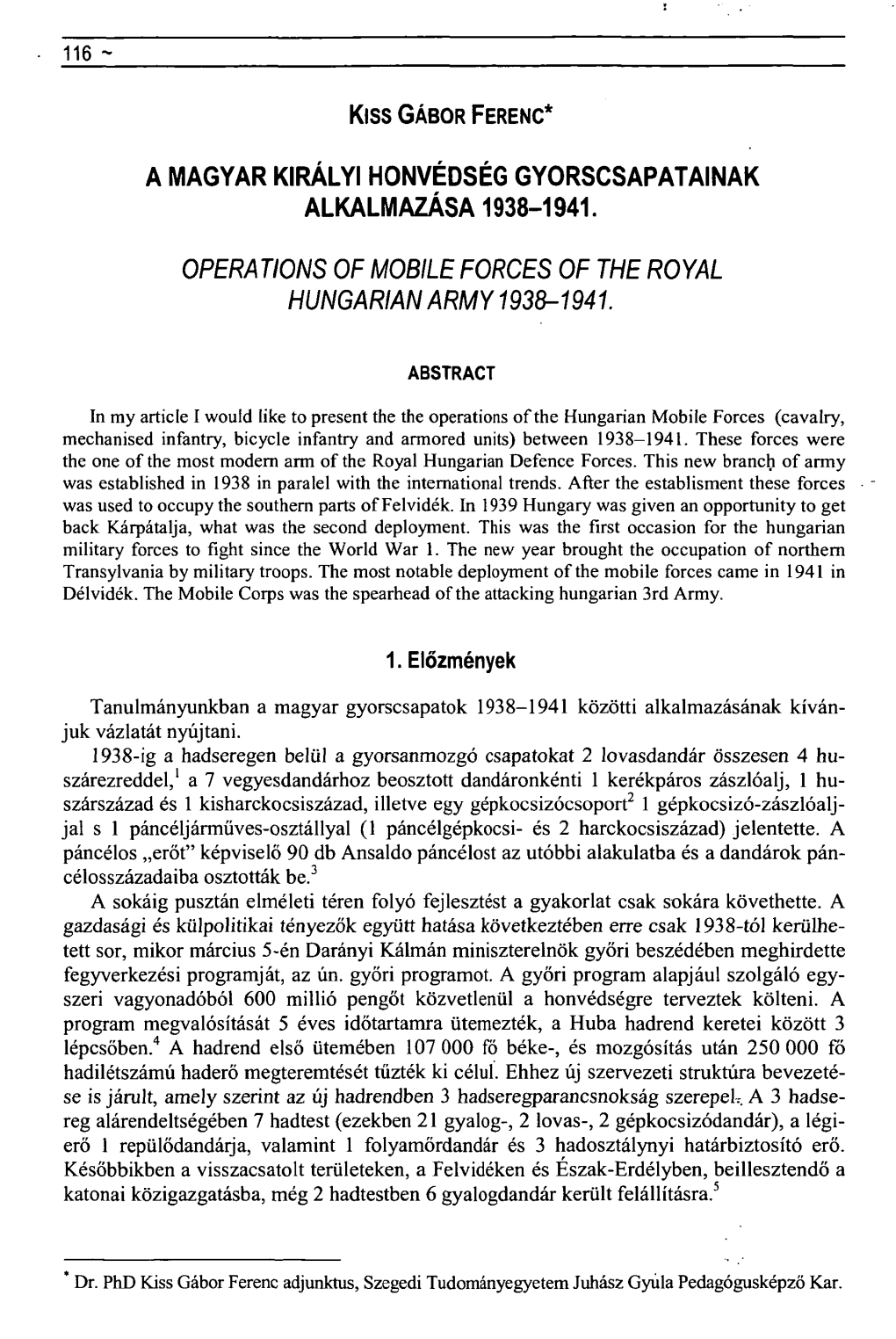 Operations of Mobile Forces of the Royal Hungárián Army1938-1941