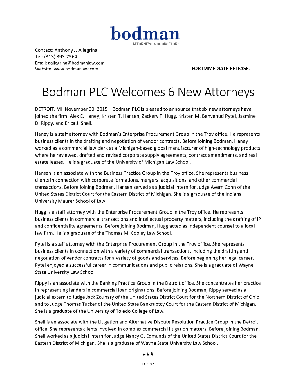 Bodman PLC Welcomes Six New Attorneys