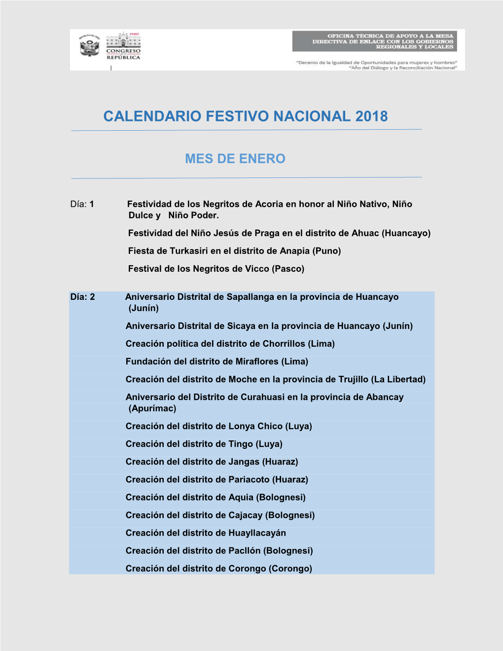 Calendario Festivo Nacional 2018
