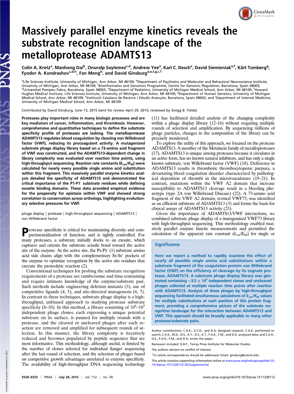 Massively Parallel Enzyme Kinetics Reveals the Substrate Recognition Landscape of the Metalloprotease ADAMTS13