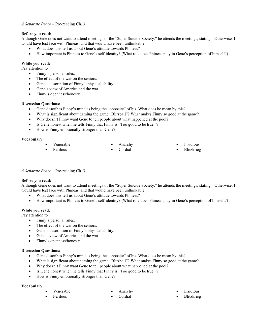 A Separate Peace Pre-Reading Ch