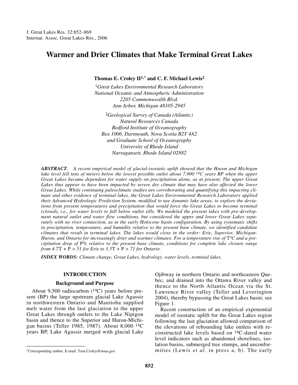 Warmer and Drier Climates That Amake Terminal Great Lakes