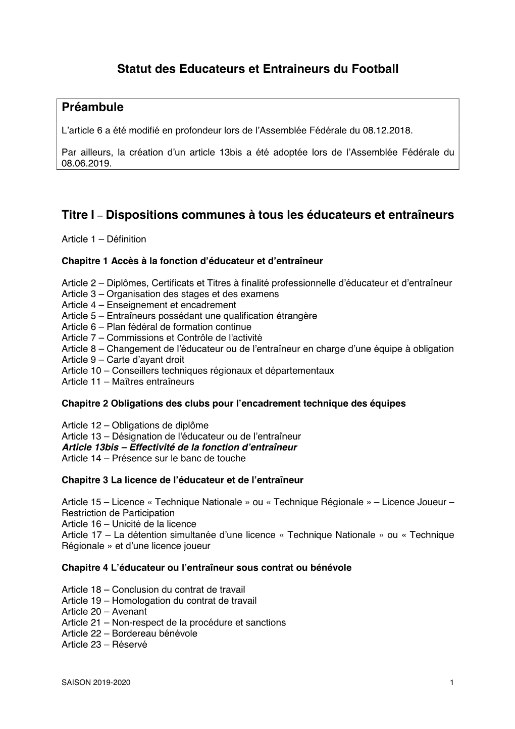 Statut Des Educateurs Et Entraineurs Du Football Préambule