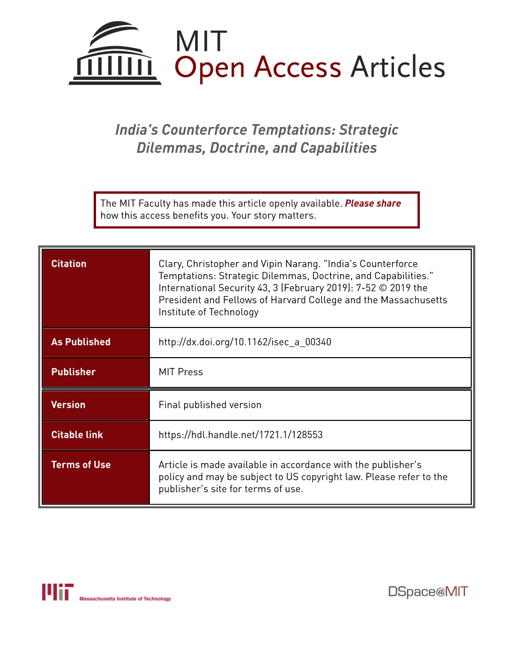 India's Counterforce Temptations: Strategic Dilemmas, Doctrine, and Capabilities