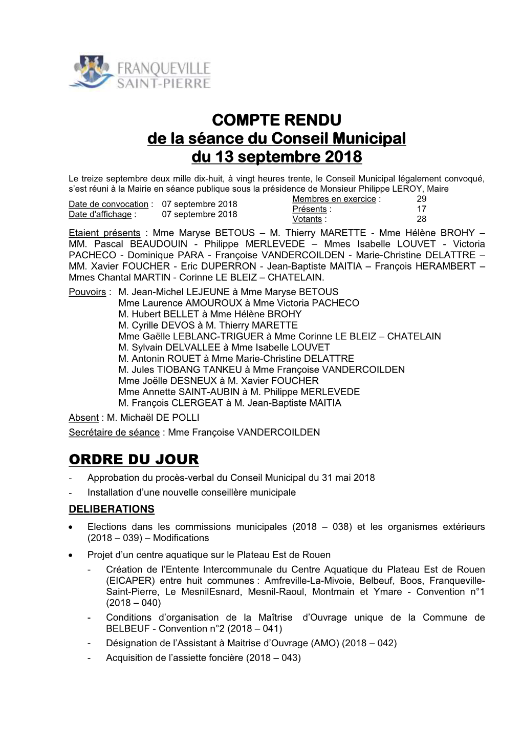 COMPTE RENDU De La Séance Du Conseil Municipal Du 13 Septembre 2018