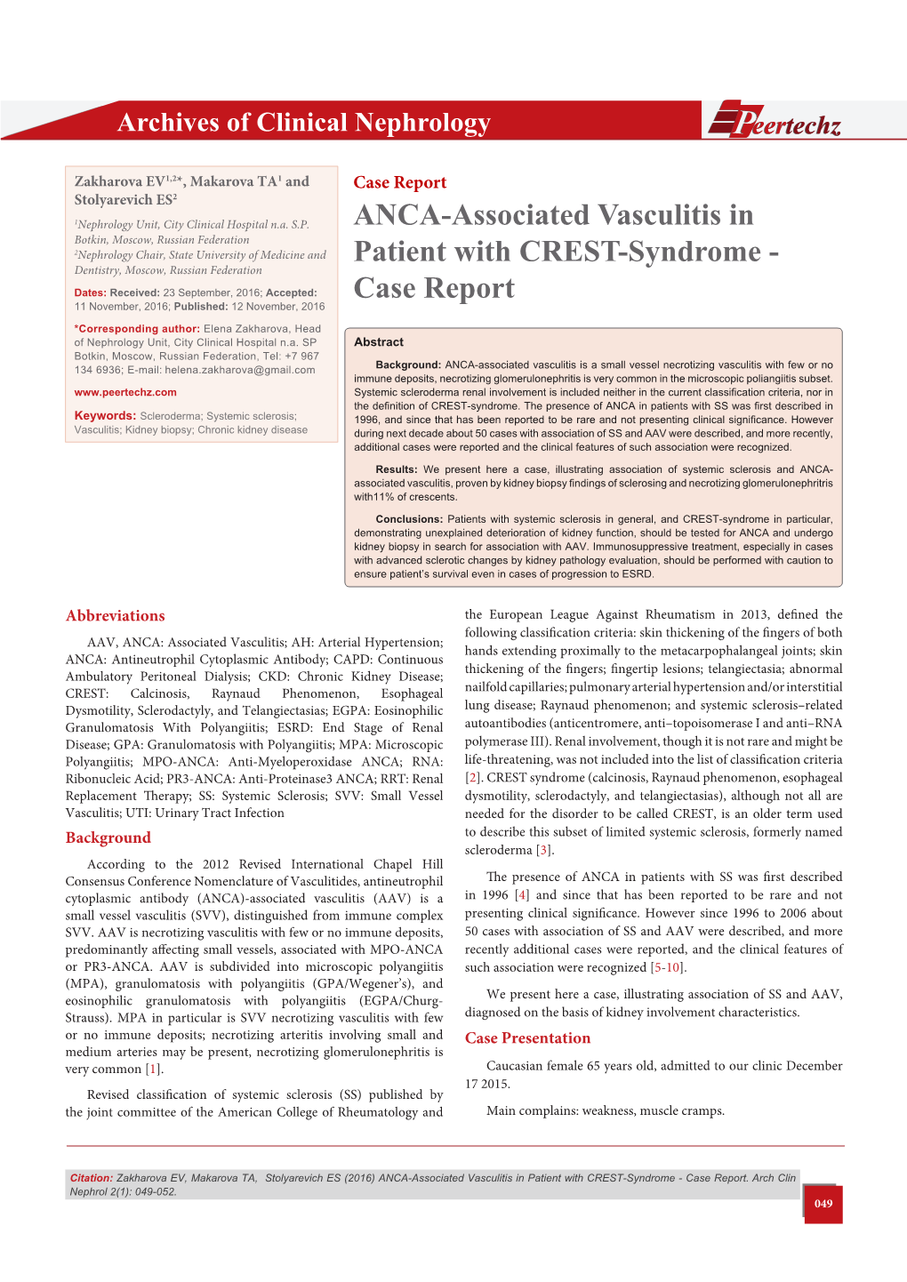 ANCA-Associated Vasculitis in Patient with CREST-Syndrome - Case Report